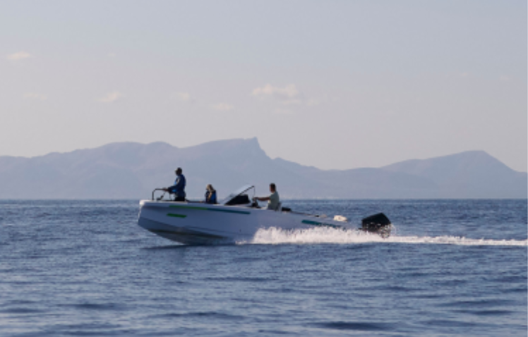 Actor portrayal of two people on a speed boat on a lake