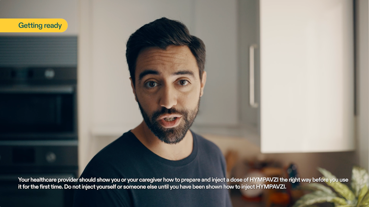 Video thumbnail of an actor portraying a HYMPAVZI™ (marstacimab-hncq) patient, explaining how to inject step by step