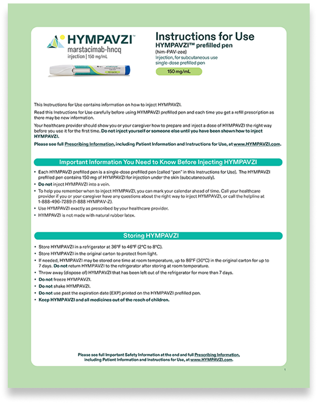 HYMPAVZI® (marstacimab-hncq) prefilled pen instructions for use one sheeter