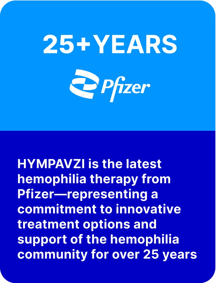 Blue graphic with the text "25+ Years. HYMPAVZI is the latest hemophilia therapy from Pfizer - representing our commitment of over 25 years to the hemophilia community"