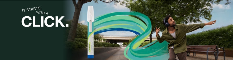 Actor portrayal of an adult male dancing outside wearing blue headphones next to a HYMPAVZI pen. Pen not actual size.