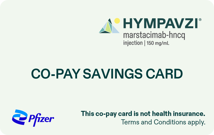 HYMPAVZI® (marstacimab-hncq) Savings Card with disclaimer: "This co-pay card is not health insurance. Terms and conditions apply"